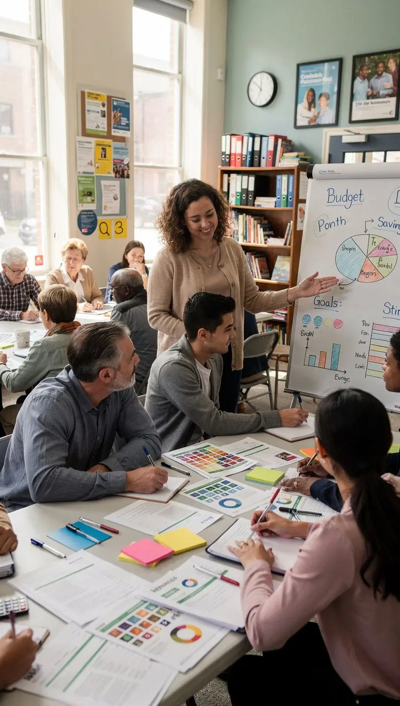 Professzionális pénzügyi coaching iroda belső tere, tele könyvekkel és tervezőeszközökkel, amelyek támogatják a látogatókat a tudatos pénzügyi döntések meghozatalában.